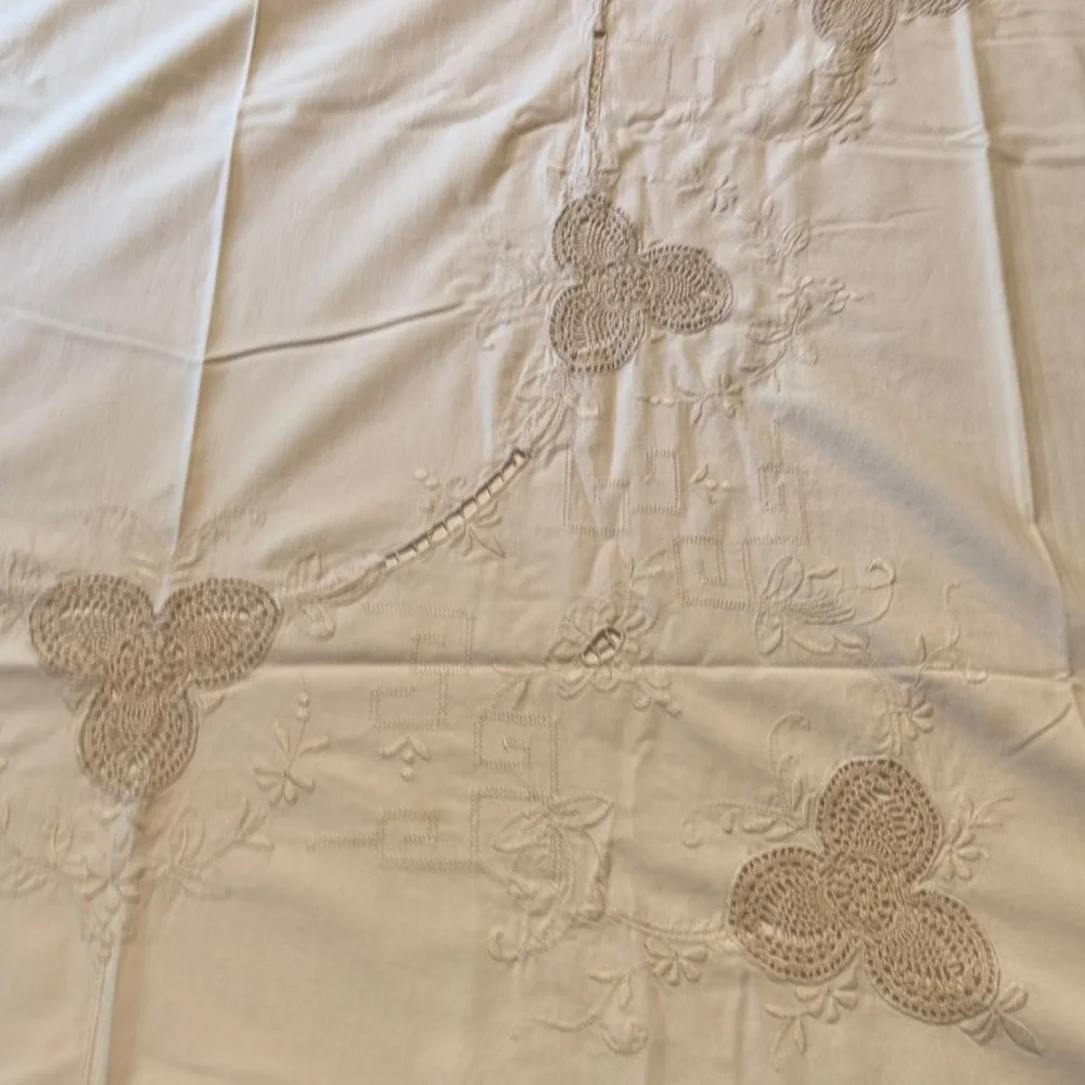 Vintage Tablecloth Embroidered Crochet Lace 60x96 Cream Victorian Cottagecore